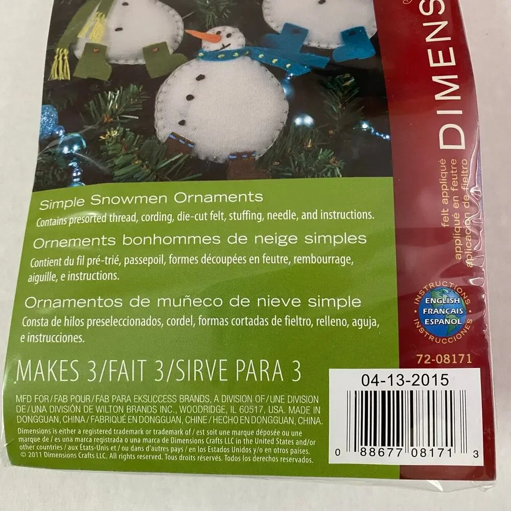 Dimensions Simple Snowmen Ornament Felt Applique Craft Kit Christmas Holiday NWT